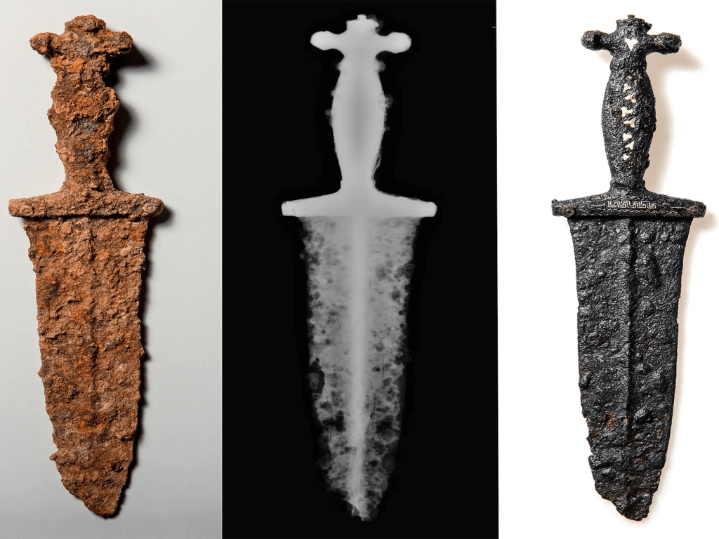 Sztylet znaleziony w 15 r. p.n.e. w Oberhalbstein (Gryzonia, Szwajcaria), przed i po renowacji